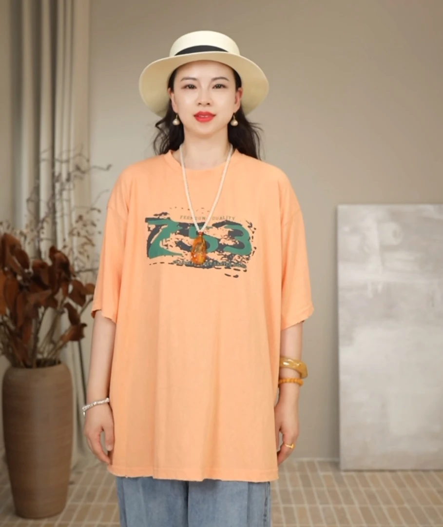 宽松大码时尚休闲印花圆领夏季T恤女 通勤百搭减龄显瘦遮肉上衣