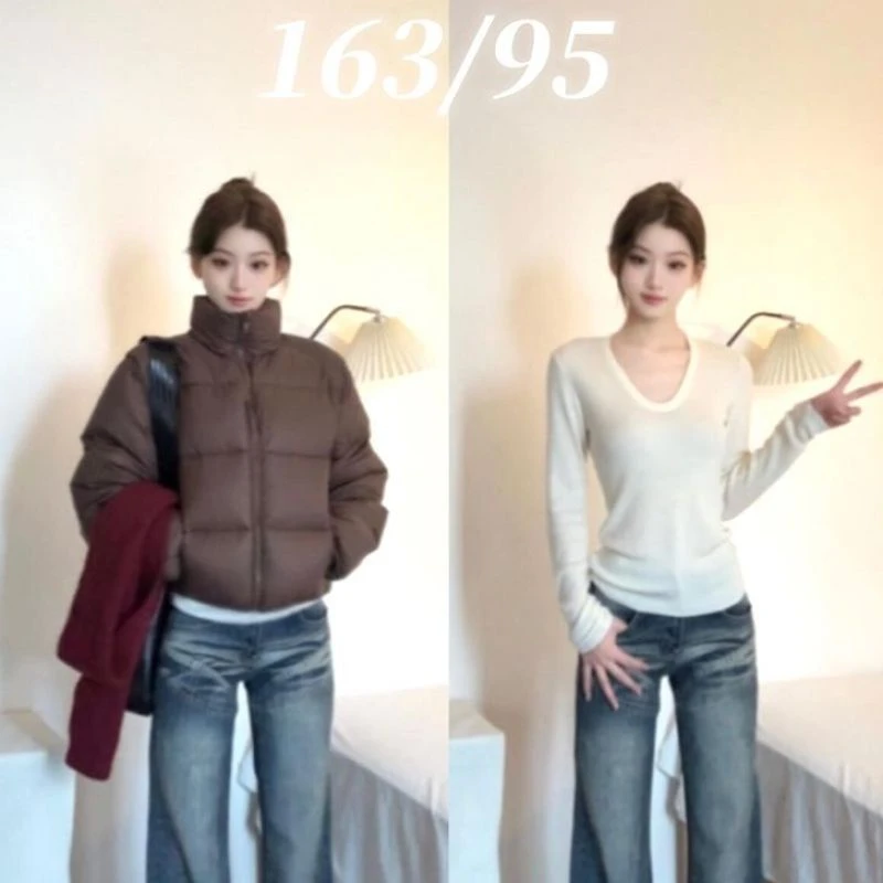 肯豆风短款羽绒服冬季女款2025新款棕色外套小个子轻薄立领面包服