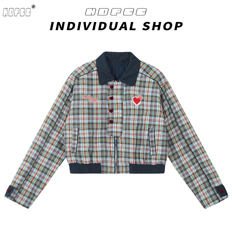 国潮甜酷爱心翻领蓝格子拼接夹克女春秋季设计感百搭短款上衣外套
