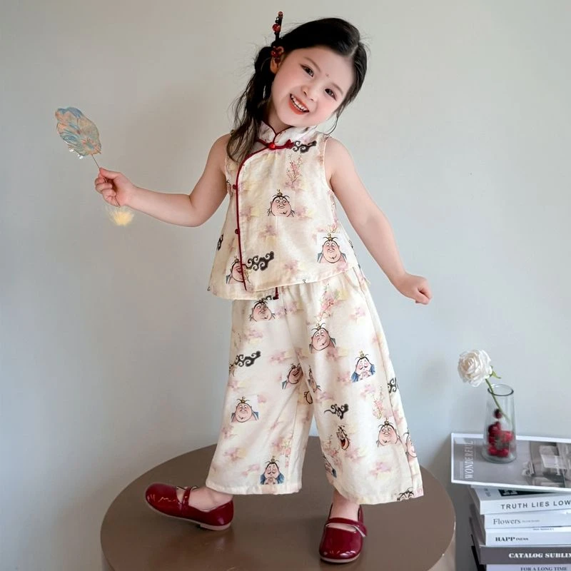6581女童套装夏季新款儿童宝宝洋气时髦卡通印花无袖上衣阔腿裤