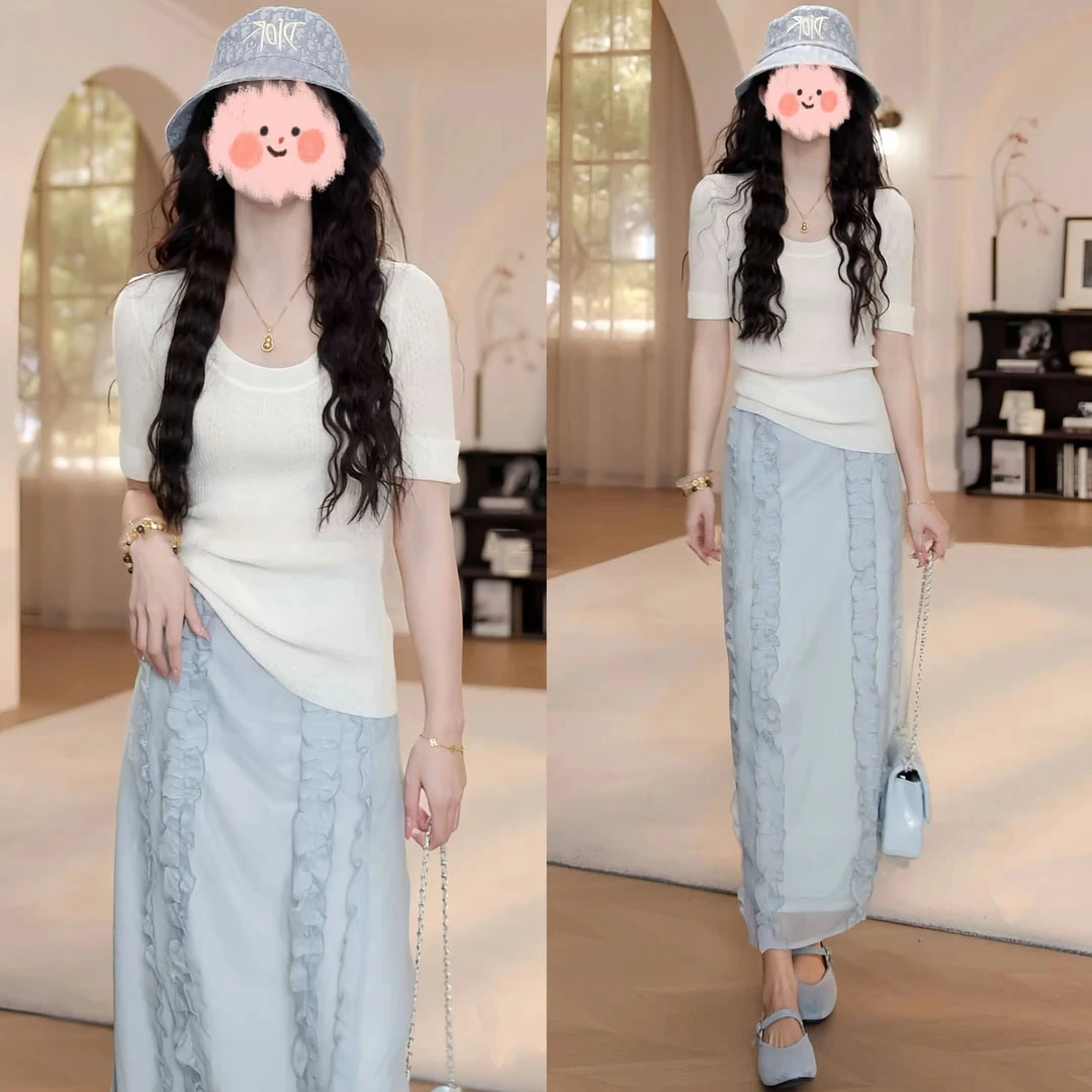 2025夏季新款时尚洋气短袖针织衫+半身裙两件套设计感减龄套装女