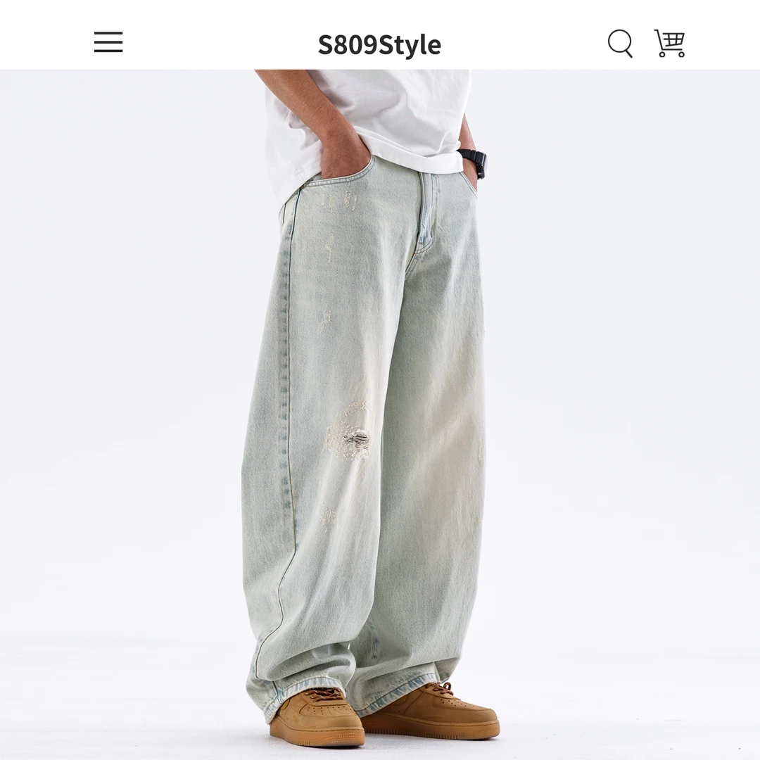 S809 浅色破洞牛仔裤男2025新款春夏宽松直筒阔腿弯刀裤潮牌男裤