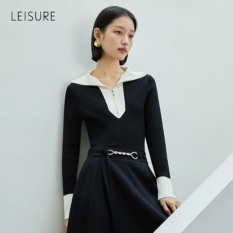 籽言专属LEISURE丽雪撞色翻领套头针织卫衣宽松休闲毛衣女0662