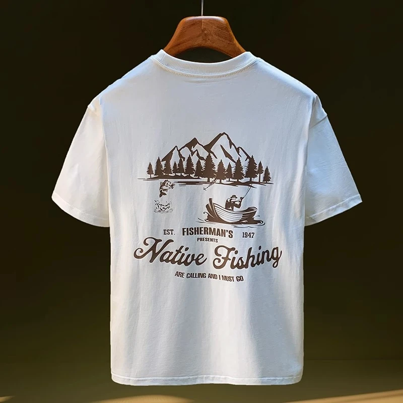 高克重纯棉T恤男款夏季新款印花宽松全棉薄款大码短袖