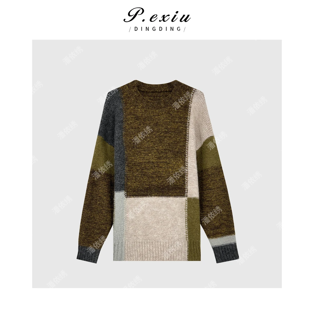 绵羊-毛复古拼色圆领套头针织长袖毛衣L2563