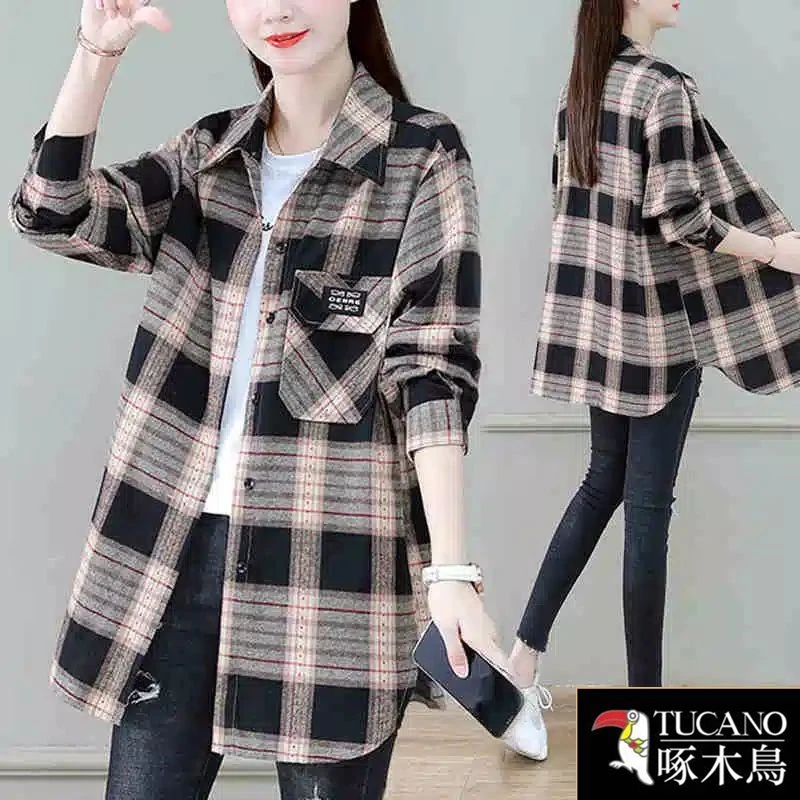 啄木鸟正品2025秋季长袖格子中长款常规衬衫大码格子显瘦百搭上衣