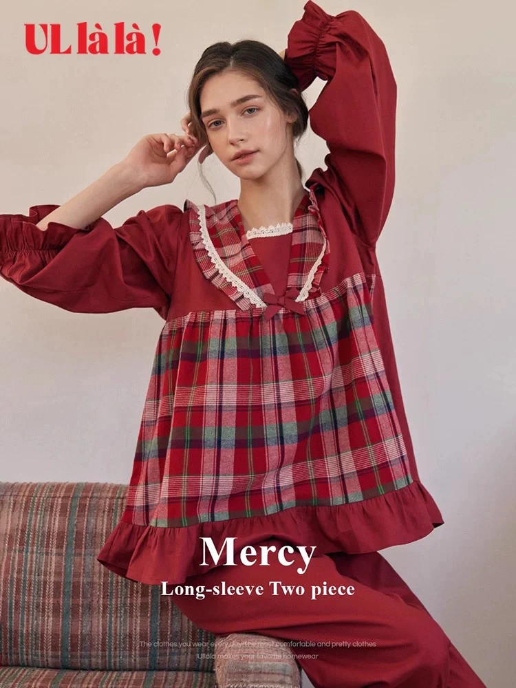 【树下优品】韩国UL家/甜美套装休闲红格子本命年睡衣纯棉女24271