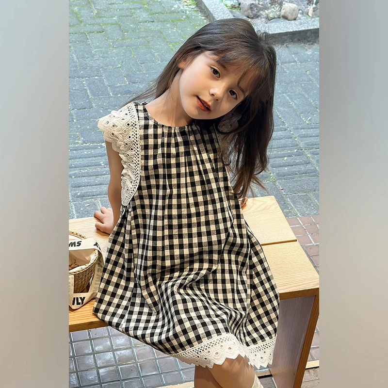 女童格子连衣裙夏季无袖儿童装韩版学院风裙子薄款女孩公主裙小童