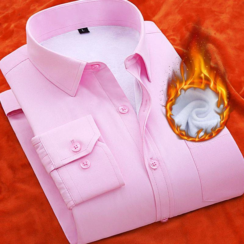 秋冬季男士加绒超厚保暖衬衫中青年粉色结婚穿修身职业长袖衬衣男