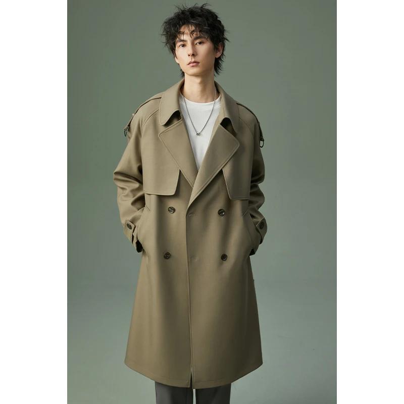 韩版春秋新款抗皱垂坠感风衣猎装风情侣款中长宽松系带外套FHF03