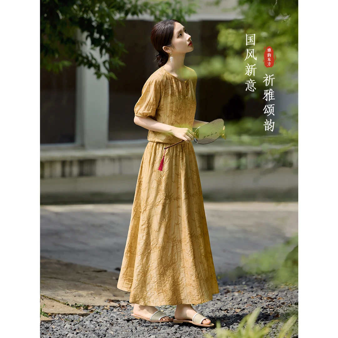 XWI/欣未【花影裙】2025夏款竹节印花短袖衬衫半身裙两件套套装B011