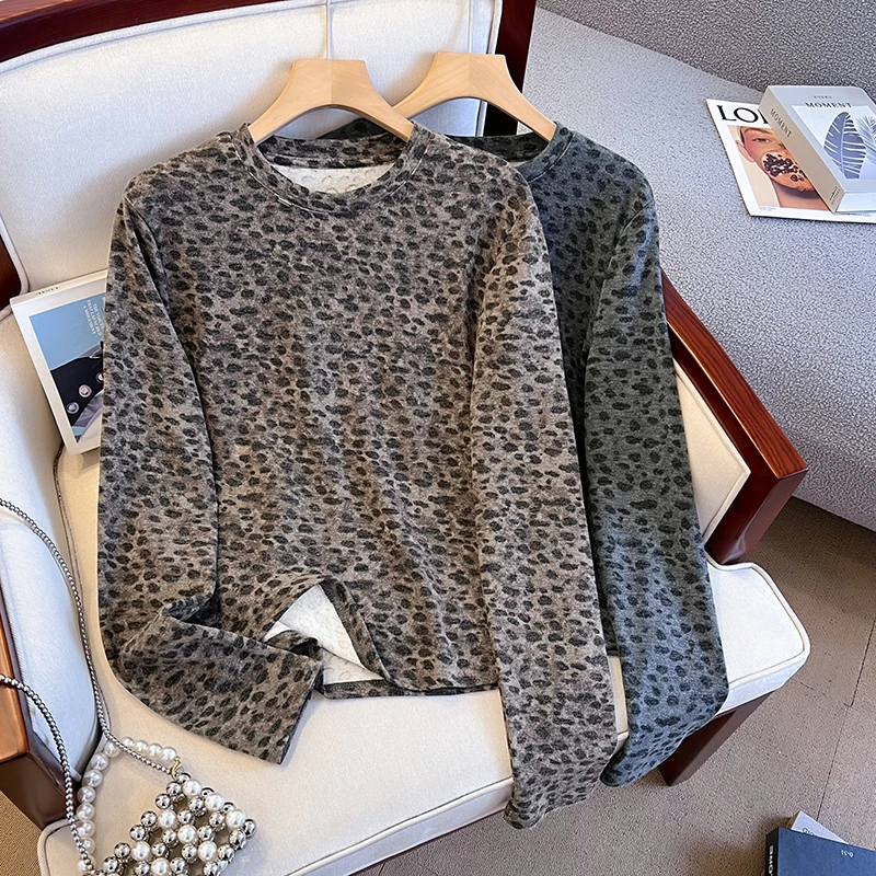 复古豹纹圆领长袖t恤女秋季2025新款修身显瘦内搭磨毛打底衫上衣