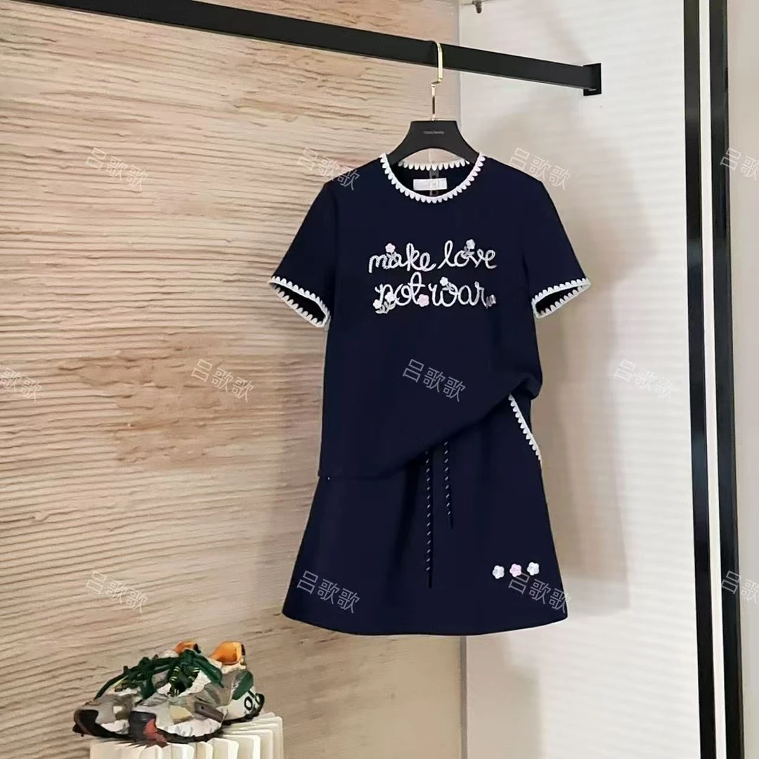 【高定专属】撞色拼接连笔刺绣短袖套装裙两件套连衣裙裤裙JC-A3671