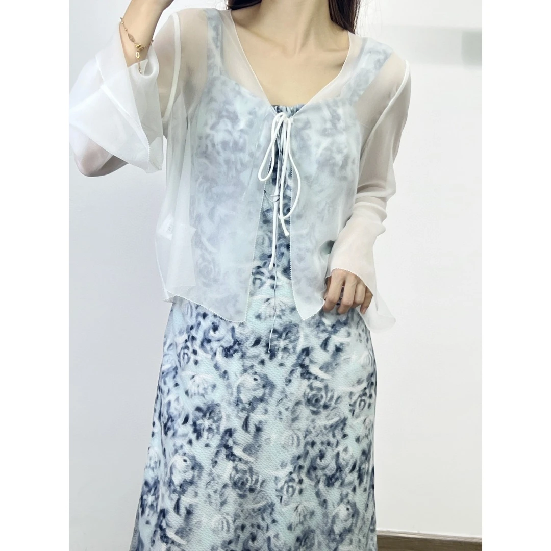 Mozch 真丝轻薄凉快极简百搭系带开衫外披防晒罩衫0903