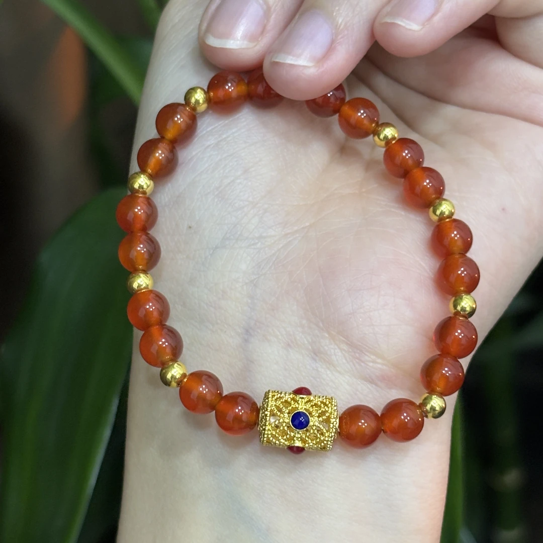 烧蓝花丝桶珠手串 足金999