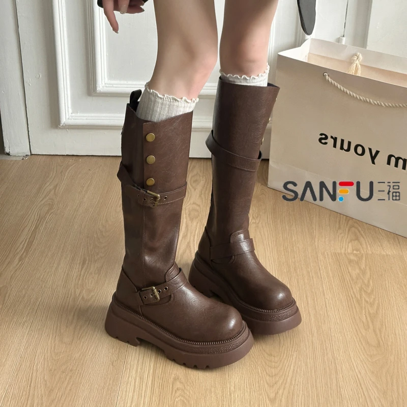 三福长筒靴女2025新款秋季棕色靴子美拉德厚底骑士靴高筒瘦瘦靴