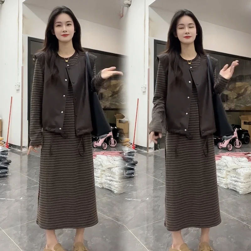 2025秋季新款时尚显瘦气质网红高档洋气女马甲长裙宽松大码两件套