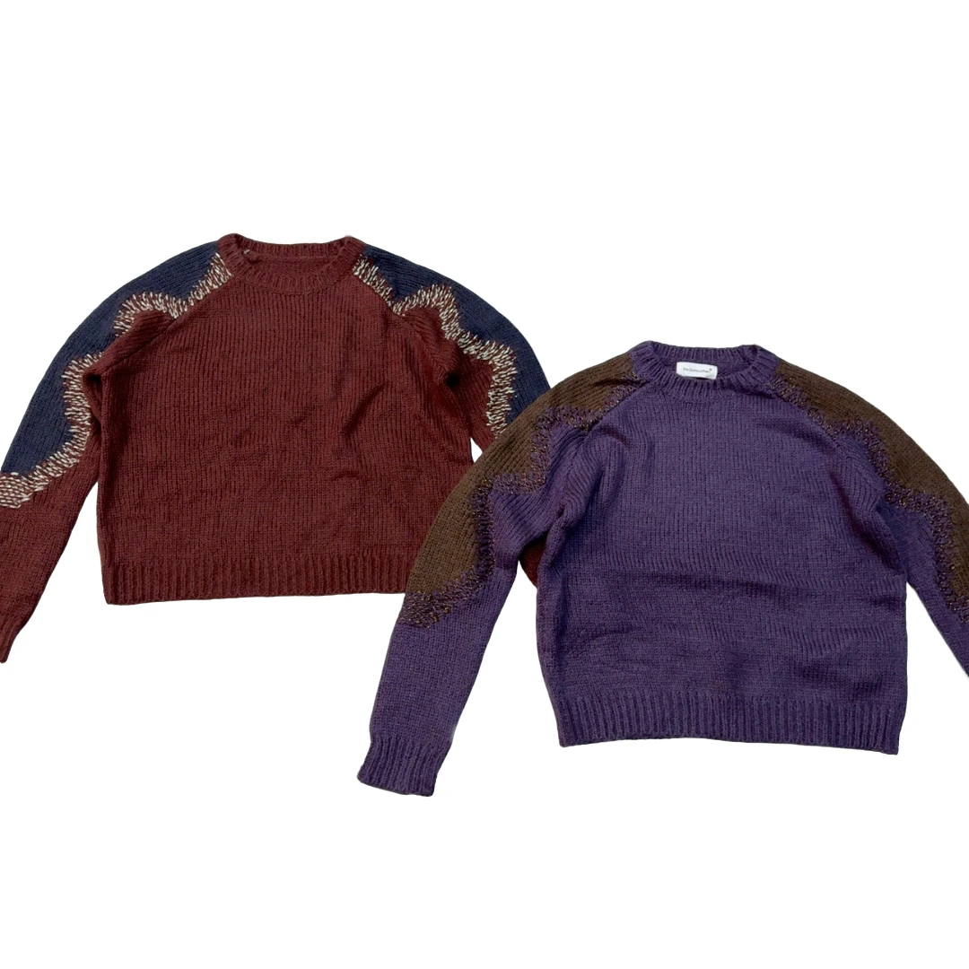 设计感插肩袖波浪纹撞色毛衣女秋季新款圆领宽松套头针织上衣