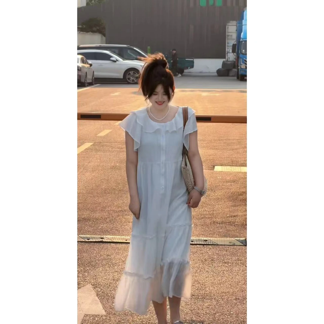 晶咕【初恋物语】荷叶边纹理感中长款连衣裙气质宽松夏季简约