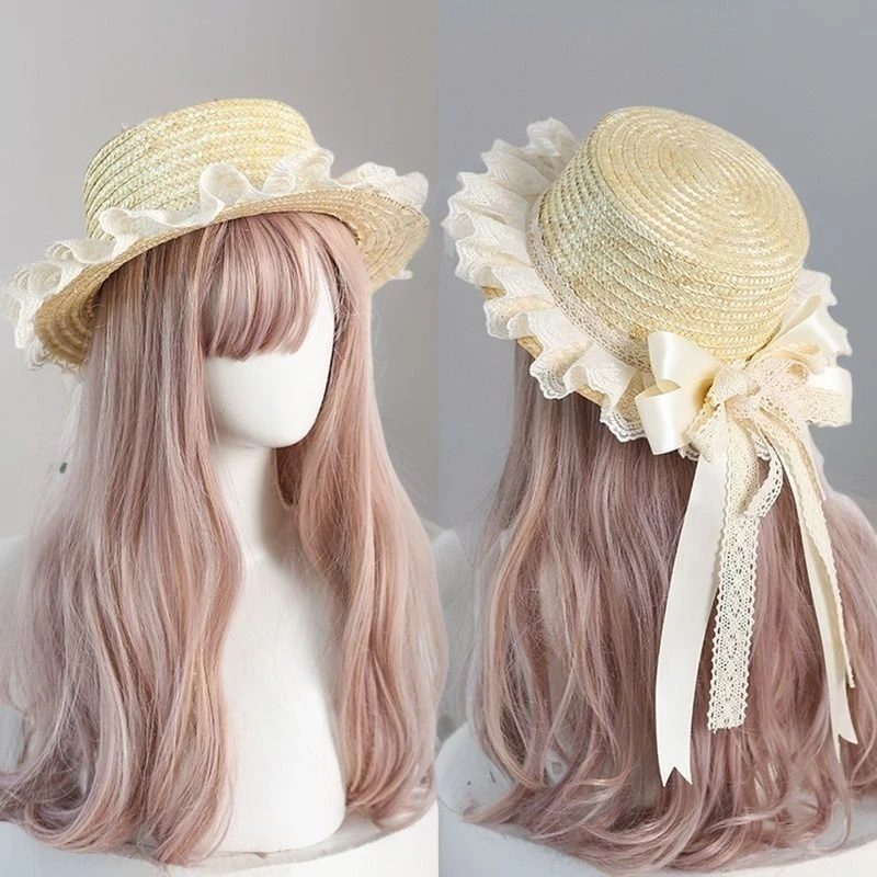 甜美森系原创蕾丝蝴蝶结草帽帽檐夏季出游遮阳帽防晒沙滩草编帽子