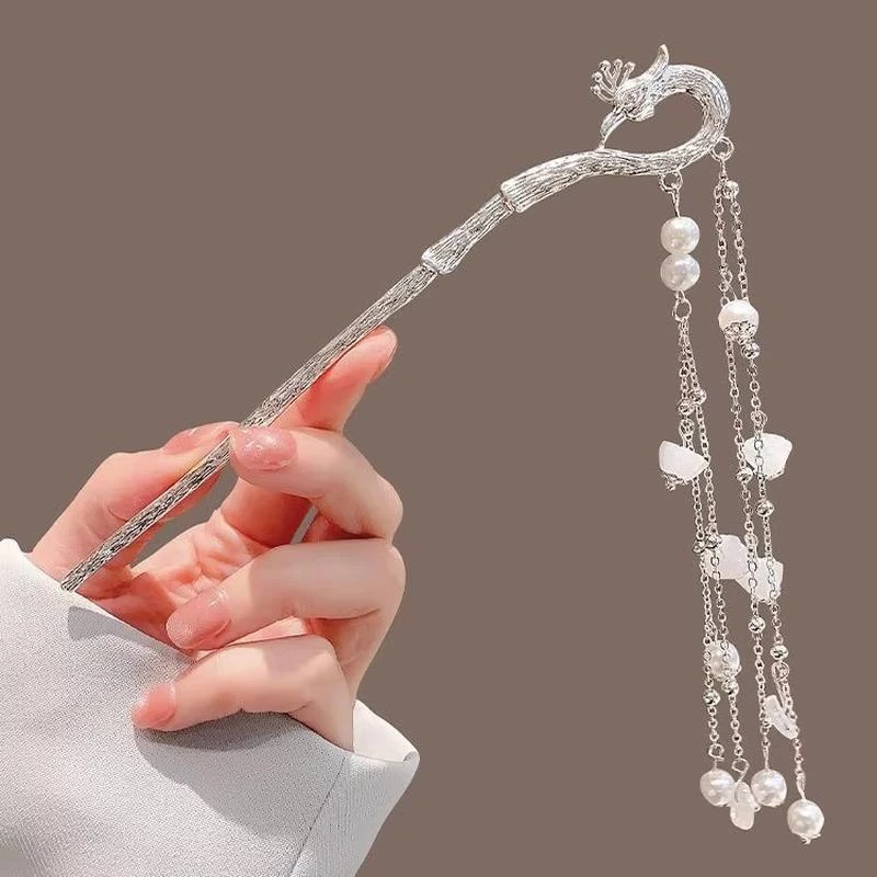 复古感凤凰流苏发簪中式步摇汉服旗袍发饰亚克力合金材质盘发