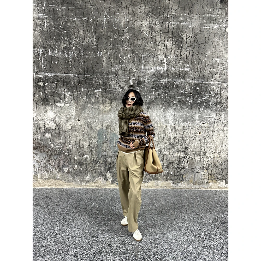 百搭老钱风复古重工费尔岛提花绵羊毛V领针织毛衫女Z0110