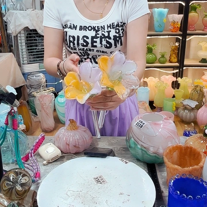 琉璃2断杆花清场花瓶摆件不完美