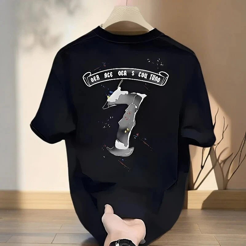 仓石一树2025夏季黑色美式复古印花短袖T恤男士个性潮流百搭上衣