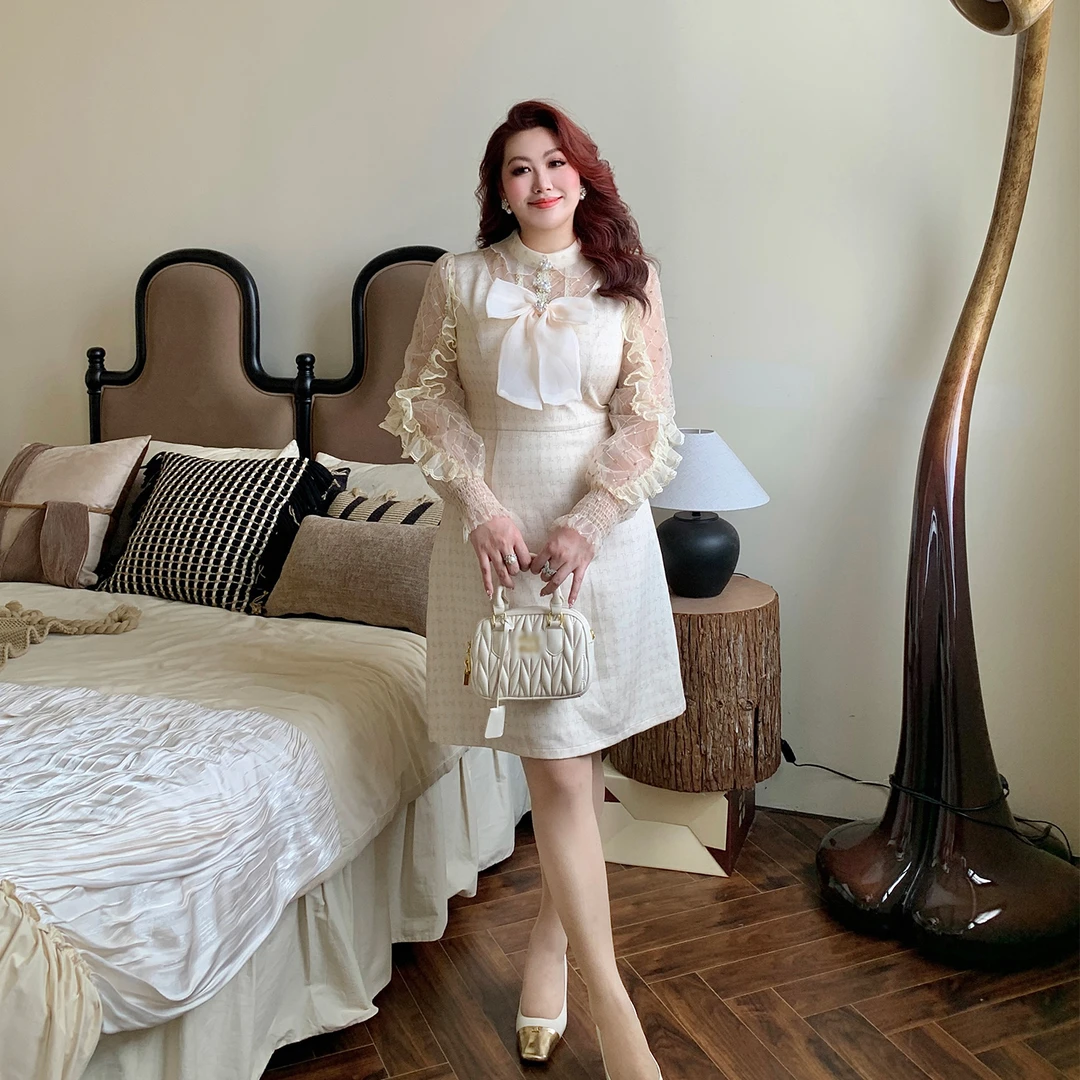 GLEC大码女装2025秋冬装重工钉珠复古小香风蝴蝶结蕾丝拼接连衣裙