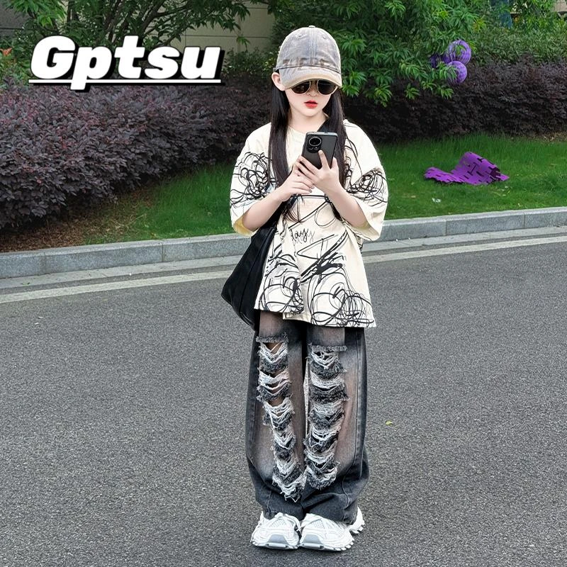 GPTSu女童套装2025夏款宽松休闲美式炸街短袖T恤牛仔破洞裤两件套