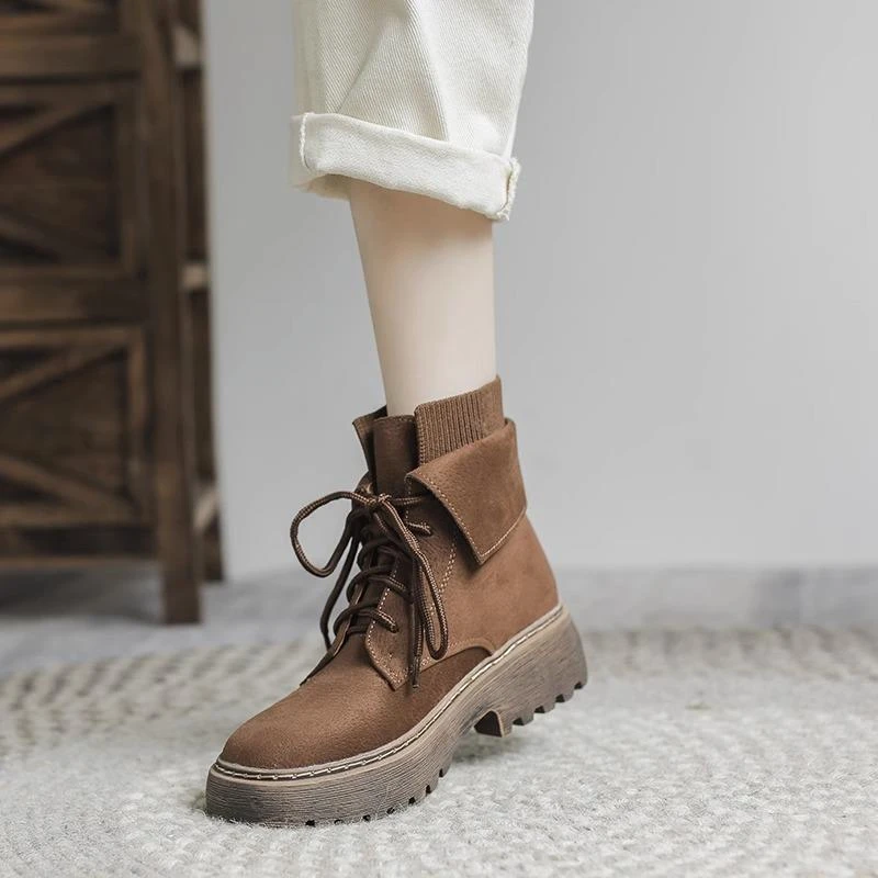 厚底马丁靴女覆古短靴2025秋冬新款英伦百搭棕色加绒机车靴美拉德