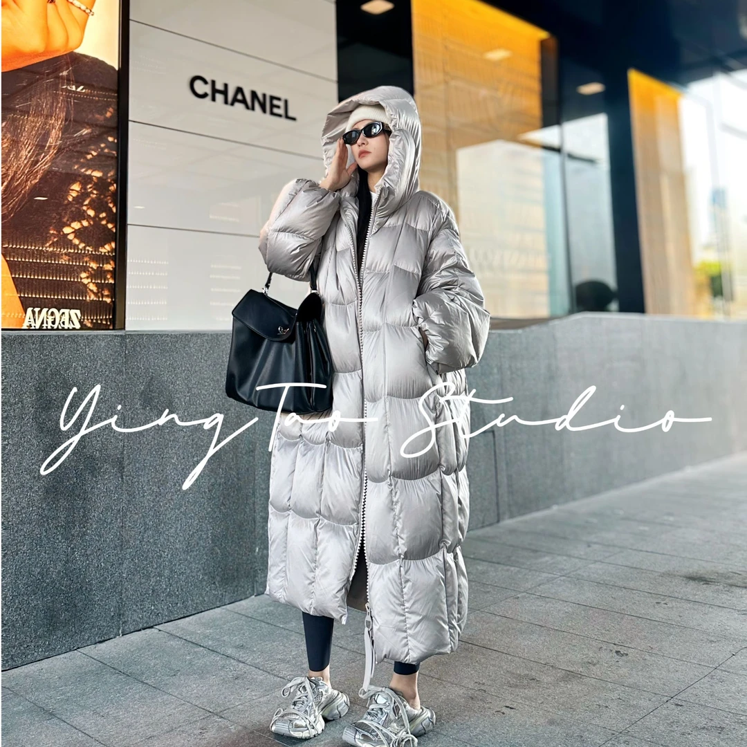 【冬日恋歌】缎面泡芙保暖羽绒服女长款冬季连帽90白鸭绒连帽厚外套