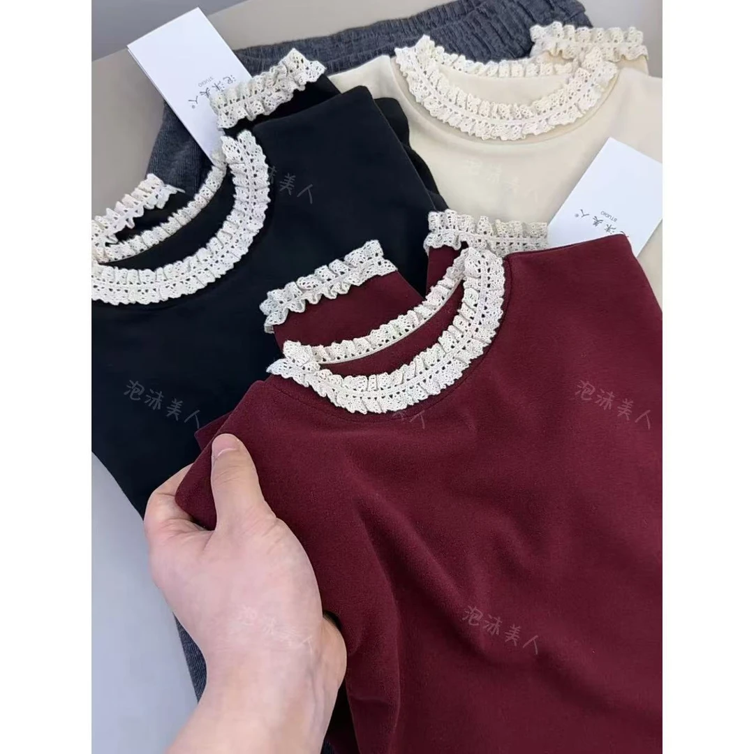 澳绒花边蕾丝红」保暖搭配神器！秋冬可外穿加绒加厚内搭高级感上衣