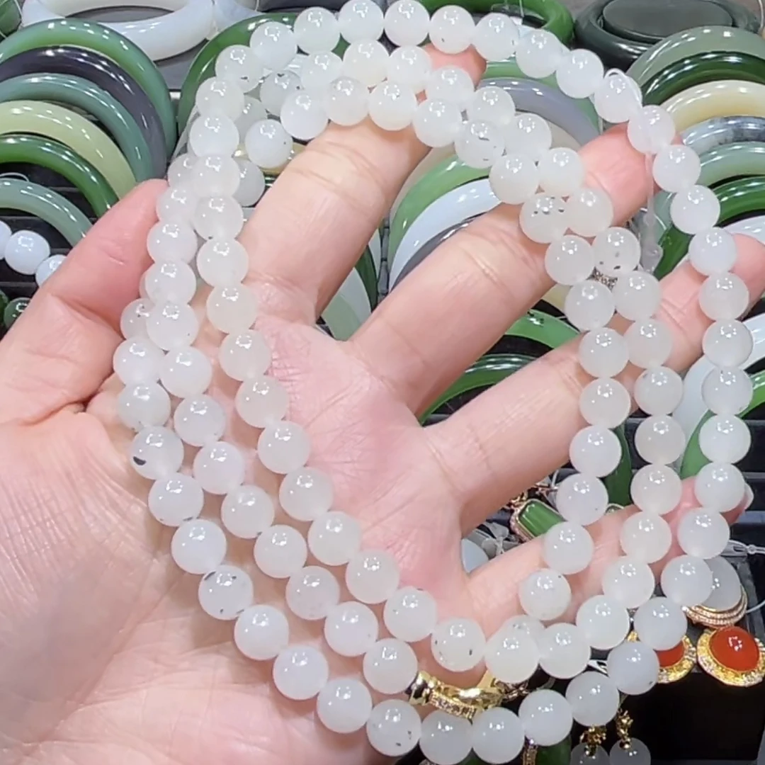 福利！和田玉新疆且末点墨青花多圈项链8mm