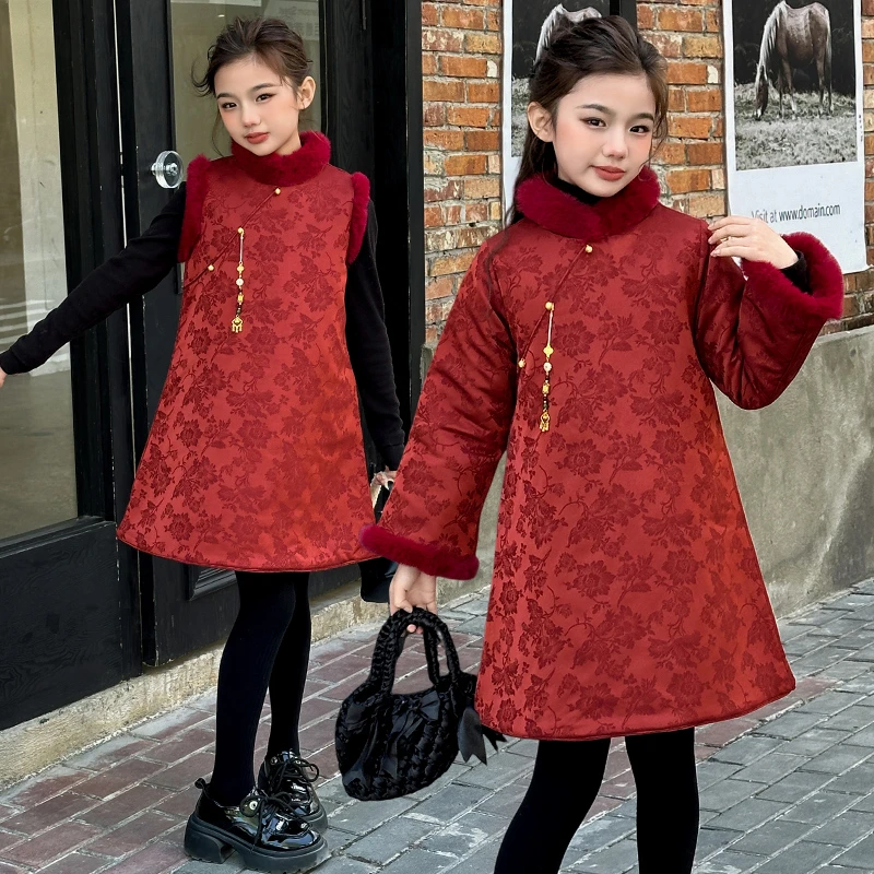 女童旗袍裙冬季年款夹棉加厚中国风中式旗袍拜年服（价格已开）
