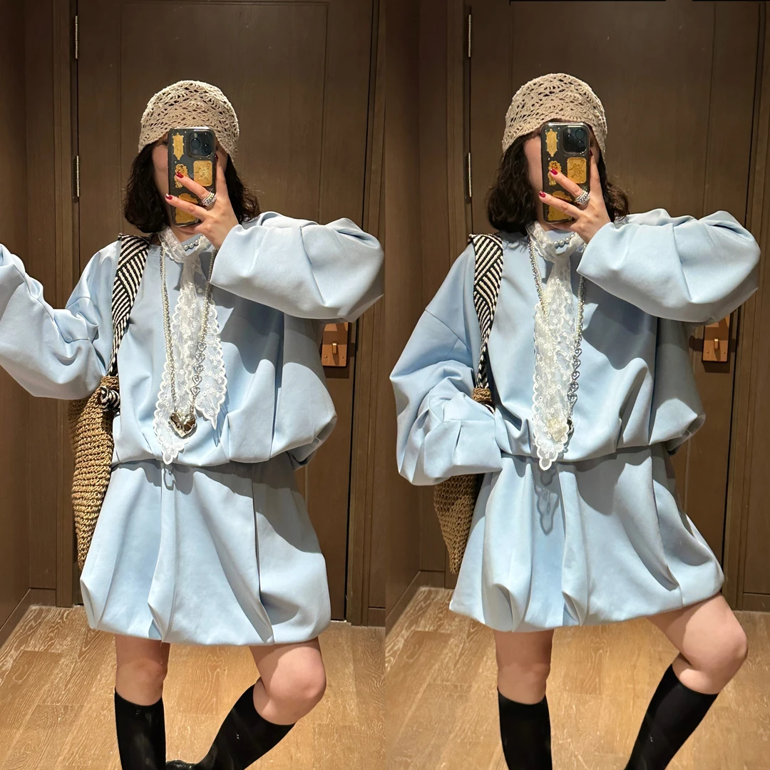 YDFSTUDIO小众【泡芙云朵】早春高定减龄时尚百搭丝巾上衣+裙裤套装