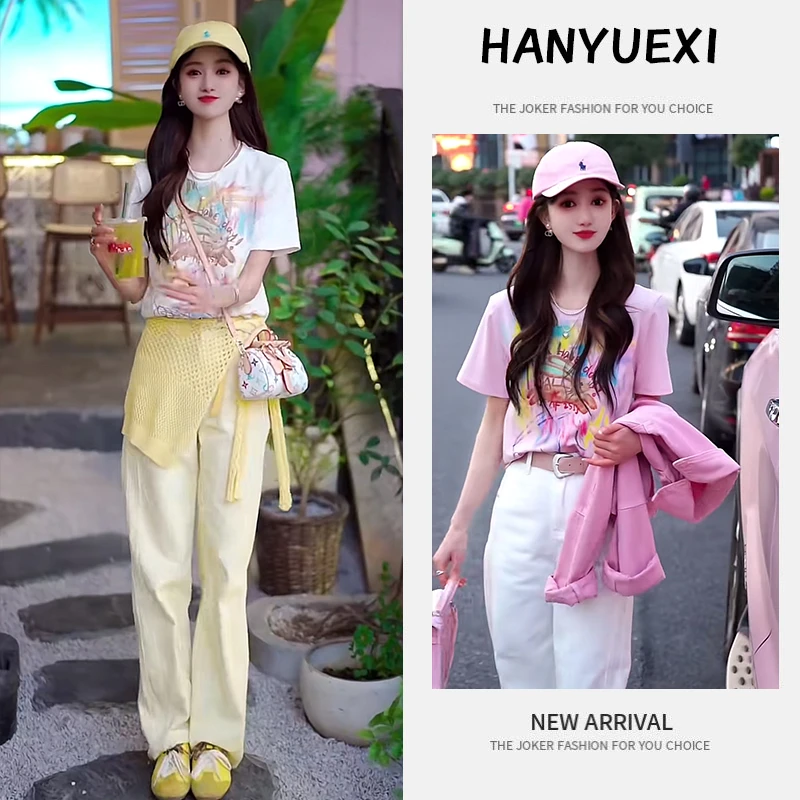 今年流行穿搭一整套2025新款印花短袖T恤百搭高腰阔腿裤两件套潮