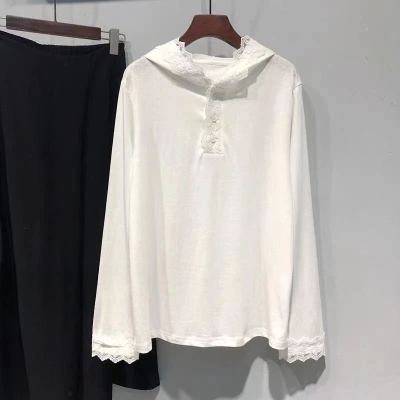 女蕾丝拼接女秋季宽松不规则T恤气质时尚百搭纯色G-82693