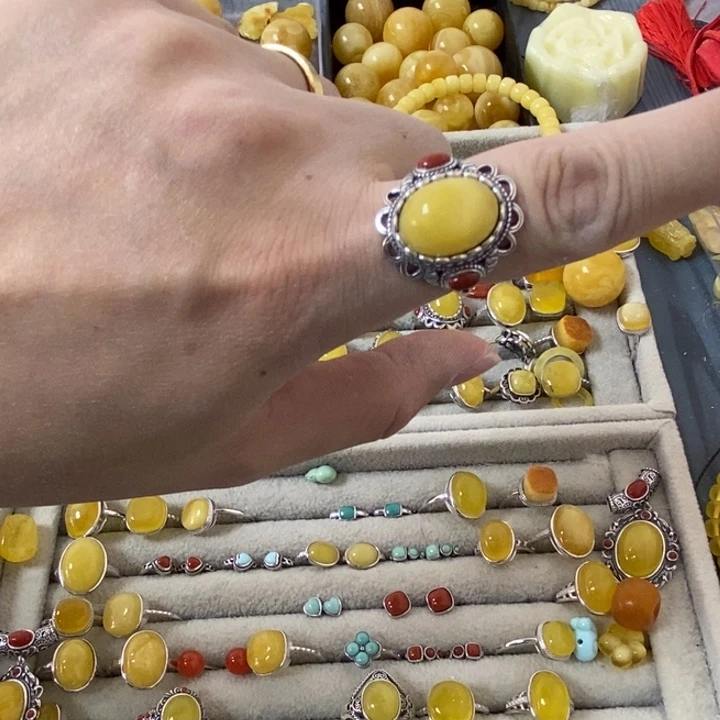 蜜蜡裸石银S925镶嵌戒指