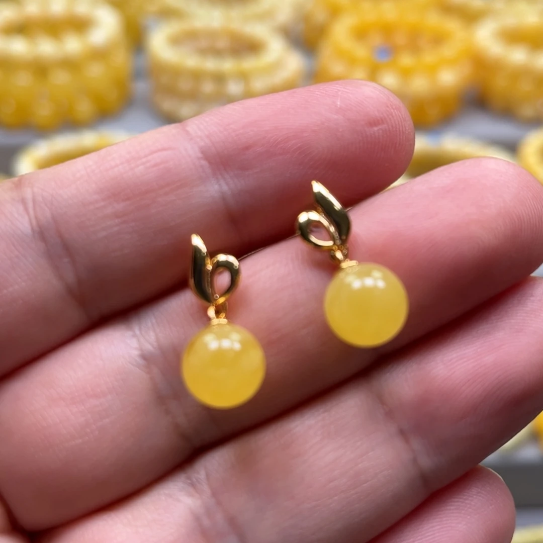 琥珀银S925镀金镶嵌耳饰耳钉