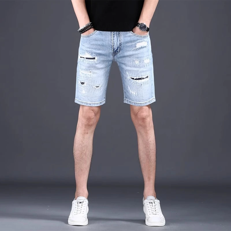 One What破洞牛仔短裤男士高端夏季薄款潮流痞帅中裤休闲五分裤男