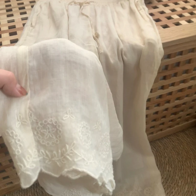 [静叶]苎麻刺绣阔腿休闲百搭裤