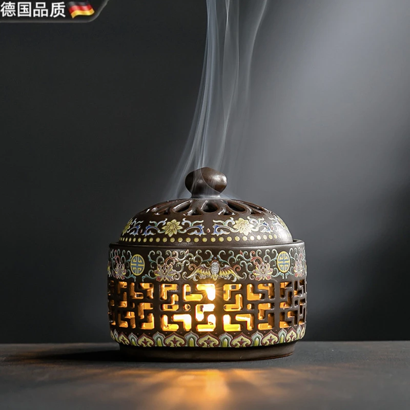 德国品质珐琅香炉小夜灯彩莲创意盘香檀香炉家用室内供佛茶道香薰