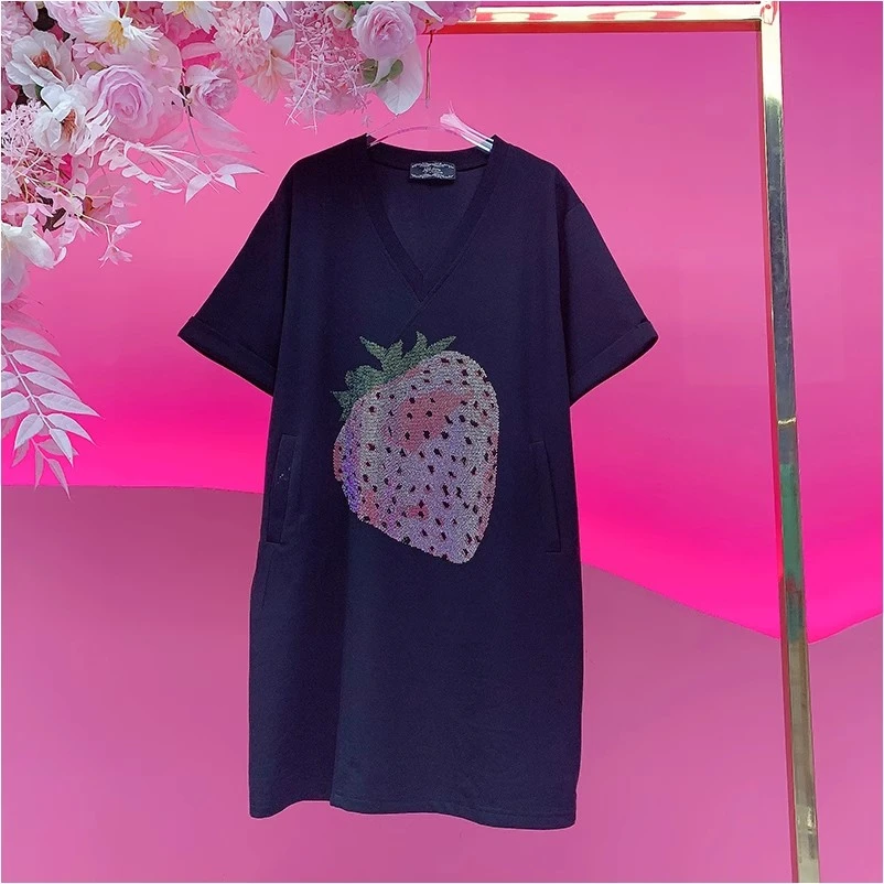 A2187欧美设计师2025夏季新款重工彩色烫钻草莓休闲宽松连衣裙女