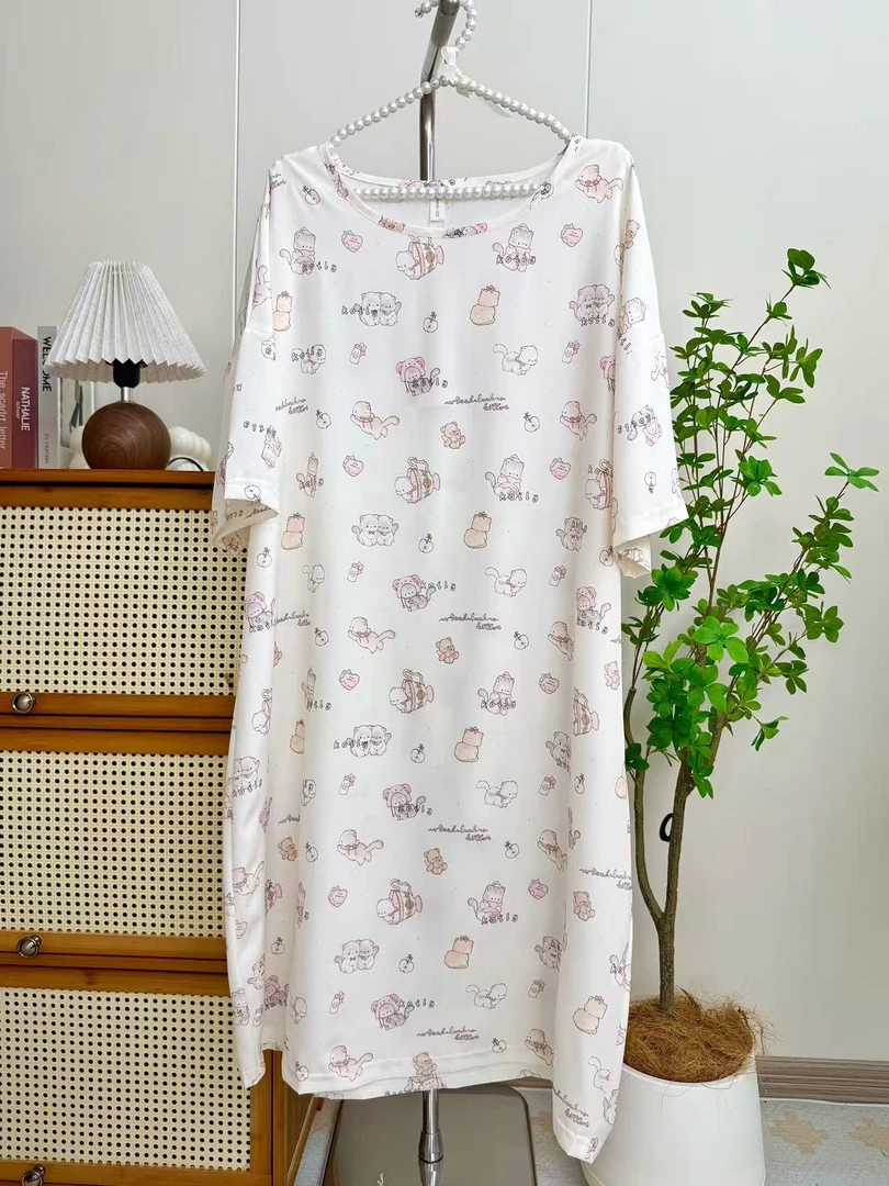 女大码睡裙夏季薄款印花短袖宽松大码家居服