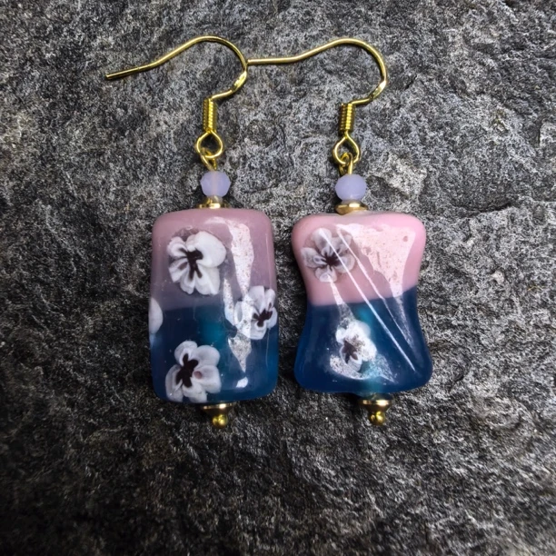 合金耳饰 LZ7433-5粉蓝色小花拼接扁珠琉璃耳环 孤品合集