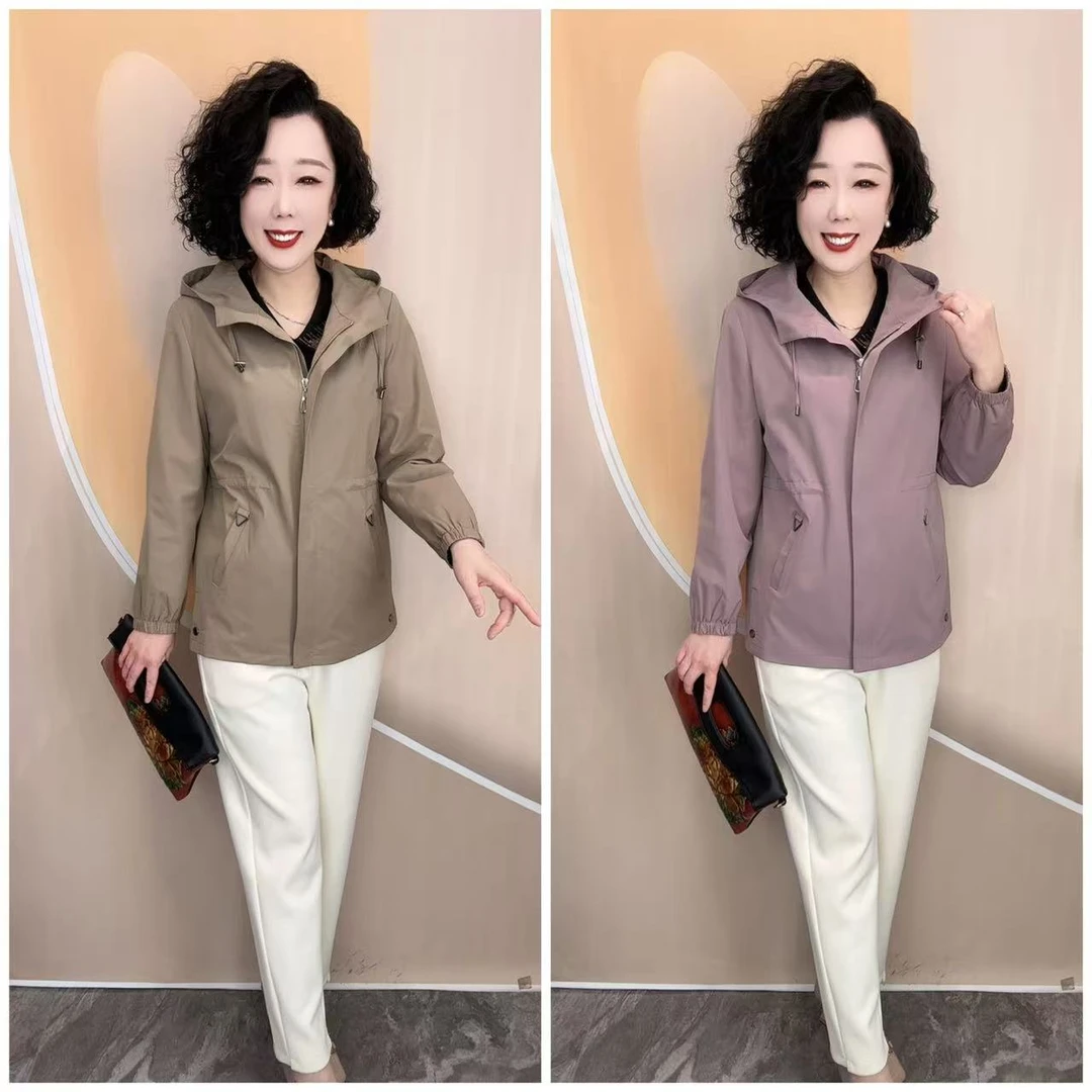 8612新款连帽加里衬调节腰宽松百搭大码休闲小风衣外套，衣长70