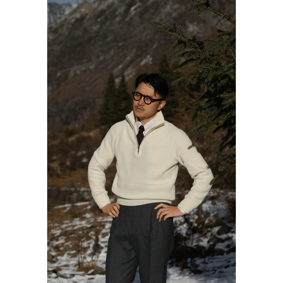 UGENTLE男装 羊绒衫「云绒白」半高领 半拉链 老钱风长袖针织毛衣