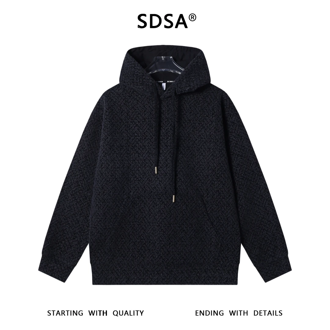 SDSA男士秋冬新款痞帅男装时尚宽松撞色提花暗纹抽绳连帽卫衣百搭