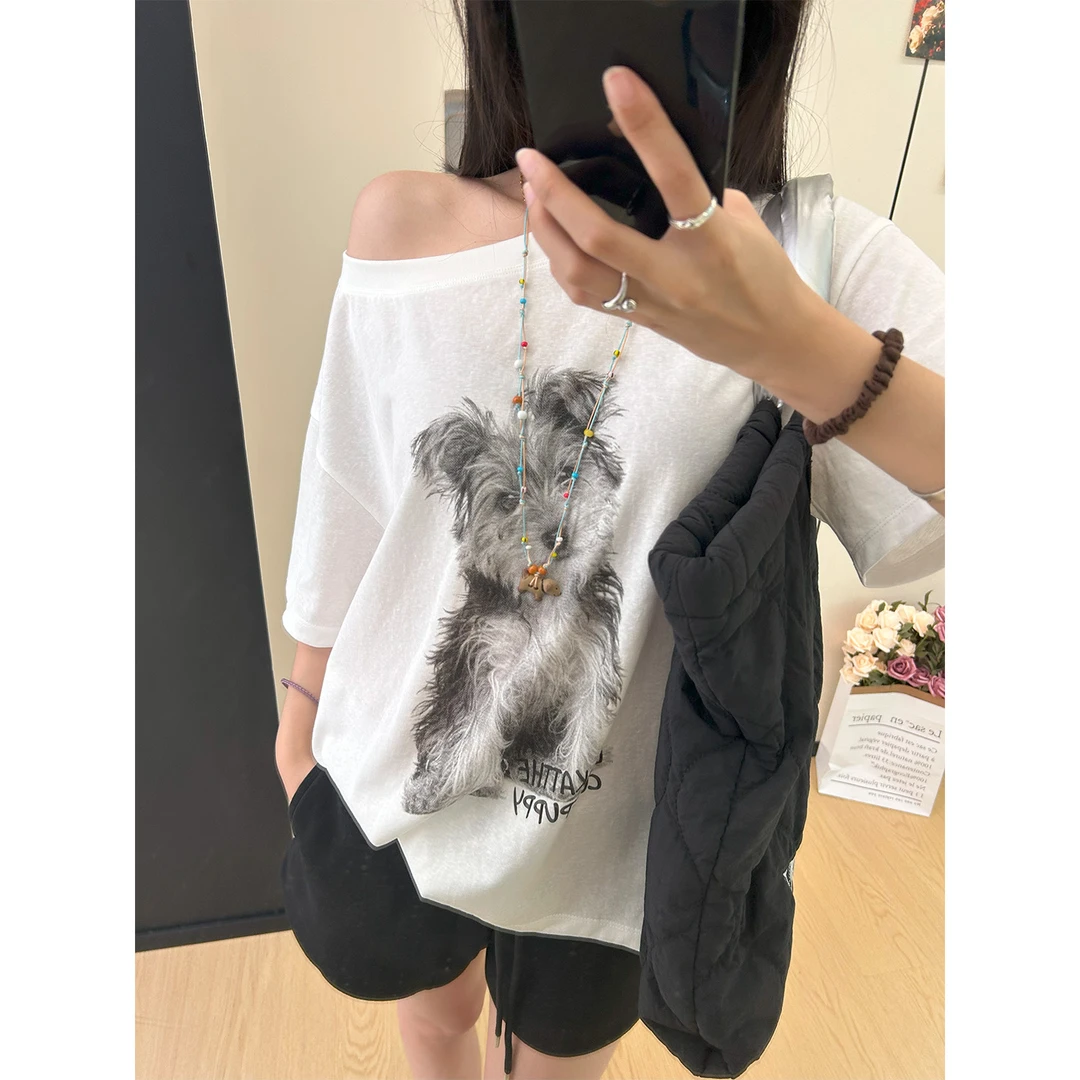 白色小狗印花宽松短袖t恤女夏季可斜肩松弛慵懒风上衣